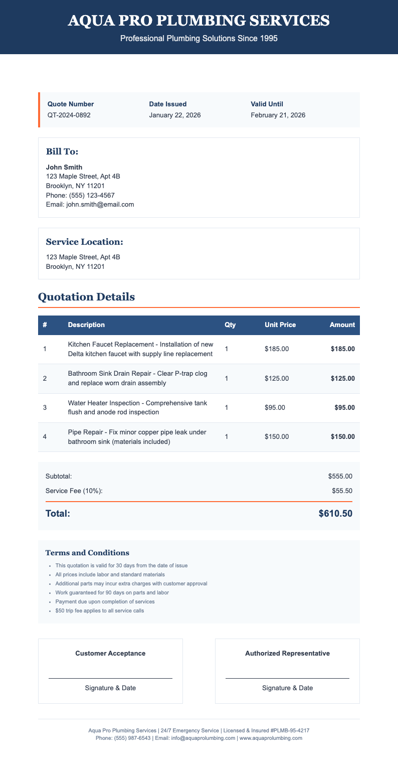 Classic professional plumbing quotation